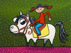 cartoon rider on grey horse