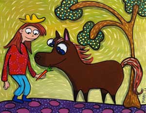 cartoon cowgirl with sorrel horse